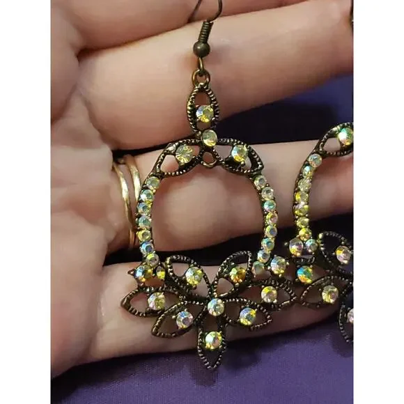 Ornate Bronze Tone Metal And Aurora Borealis Rhinestone Crystal Dangle Earrings - Picture 7 of 9